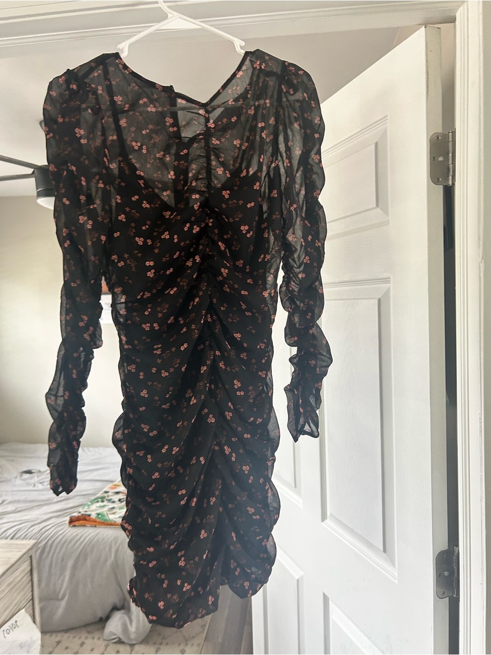 Lush Black Sheer Floral Ruched Long Sleeve Dress